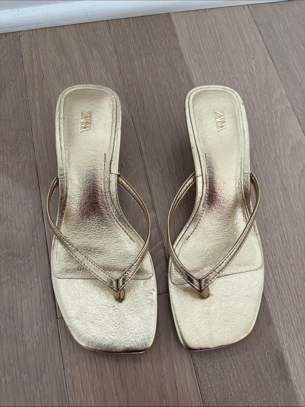 ZARA Metallic Gold Square-Toe Thong Mules Kitten Heel